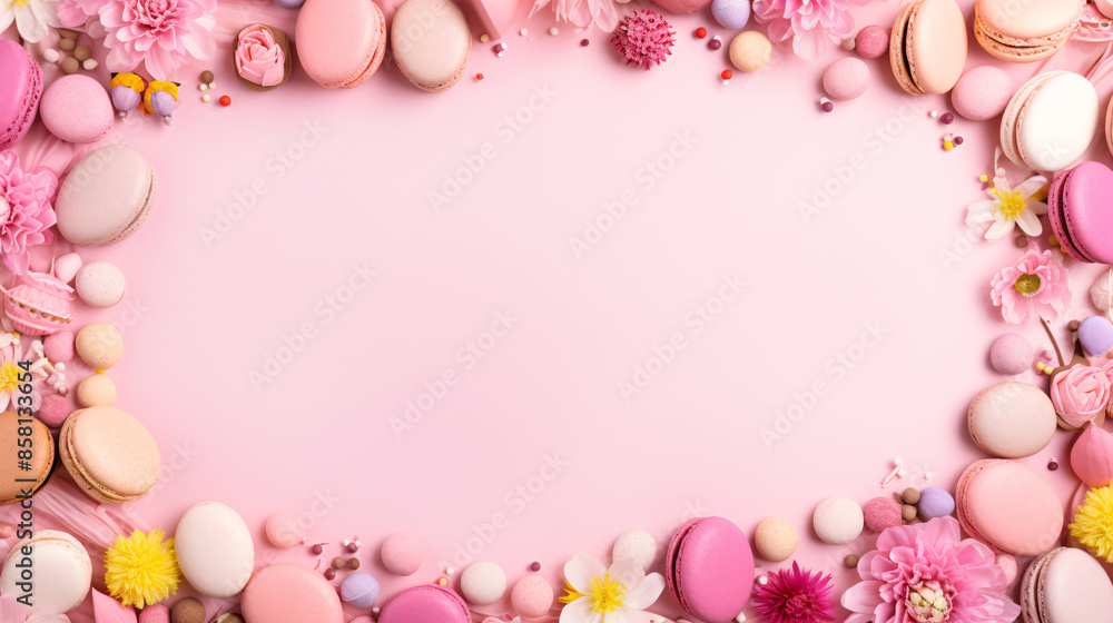 a pink and white frame of macaroons and flowers a pink and white frame of macaroons and flowers