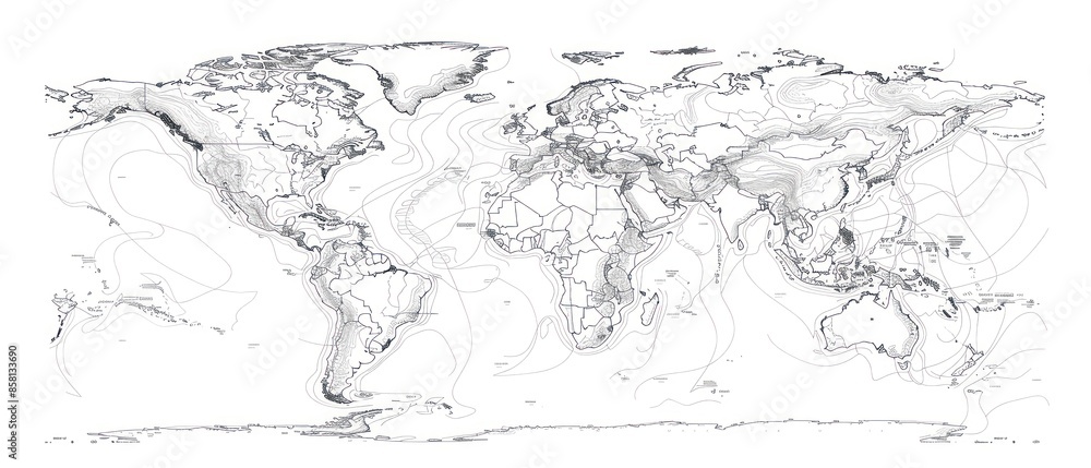 Fototapeta premium A minimalist world map set against a white backdrop, offering a sleek and modern look, ideal for tech-themed graphics and professional presentations.