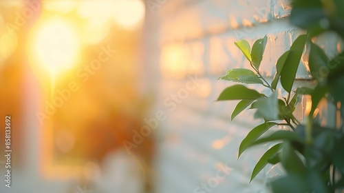 Sunlit brick wall with green leaves in focus, creating a warm and tranquil ambiance perfect for backgrounds or nature-inspired designs.