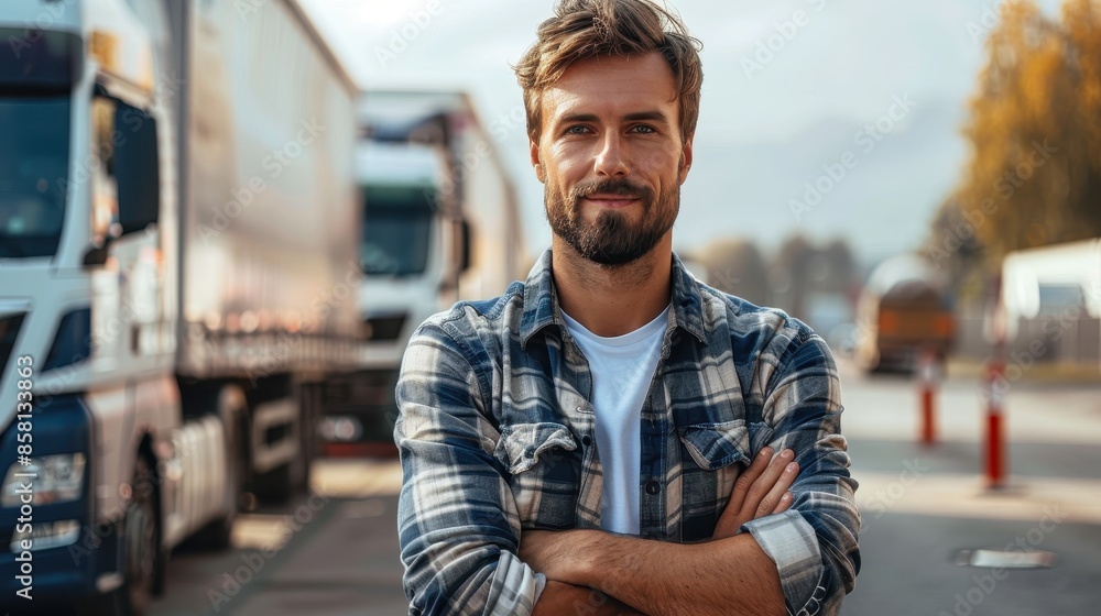 A smiling truck driver wearing a plaid shirt poses with crossed arms in front of his vehicle, embodying the essence of the hardworking and dedicated transportation professionals. A smiling truck driver wearing a plaid shirt poses with crossed arms in front of his vehicle, embodying the essence of the hardworking and dedicated transportation professionals.