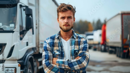 A determined man standing in front of a row of trucks, embodying diligence, leadership, and responsibility within the field of logistics and professional trucking services. © Sasa