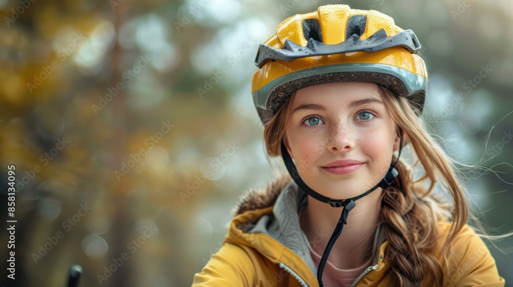 A girl wearing a yellow bike helmet is smiling warmly in an outdoor setting, with blurred, autumnal foliage surrounding her as she prepares for a bike ride. A girl wearing a yellow bike helmet is smiling warmly in an outdoor setting, with blurred, autumnal foliage surrounding her as she prepares for a bike ride.