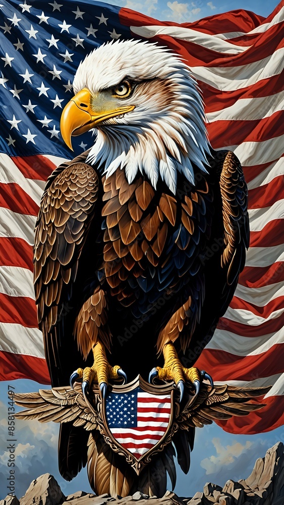 Naklejka premium A majestic bald eagle with an American flag