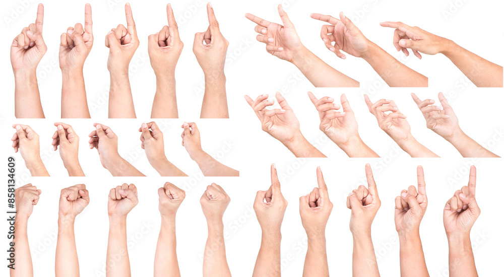 Male Caucasian hand gestures isolated over the white background. Male Caucasian hand gestures isolated over the white background.