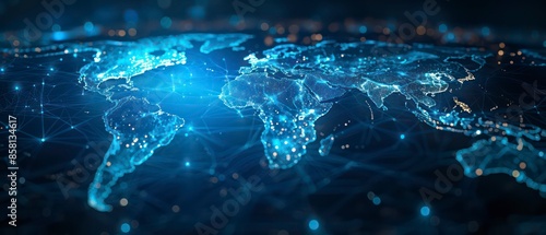 Fototapeta Naklejka Na Ścianę i Meble -  The blue world map features a minimalistic tech background, emphasizing global connections and digital integration with a sleek, straightforward layout.