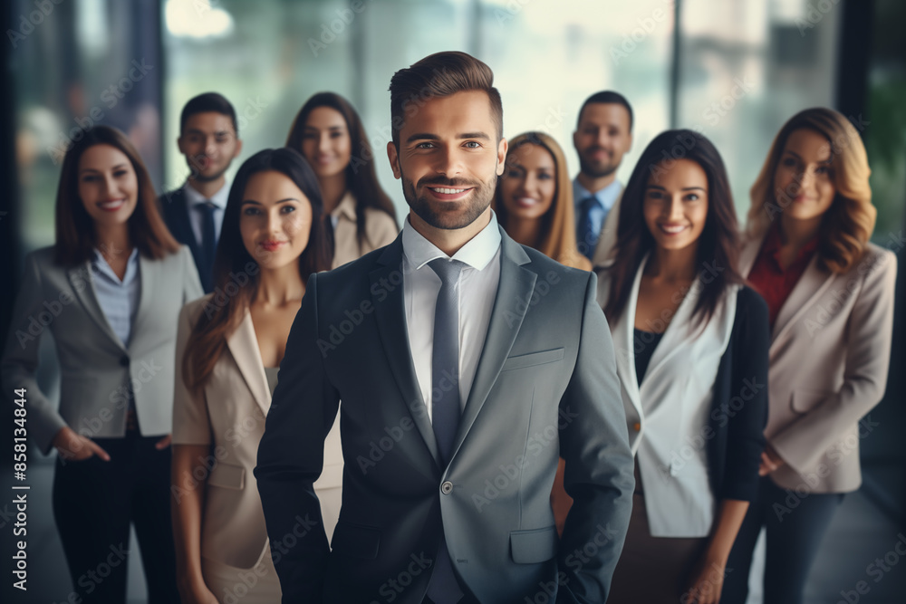 Confident Businessman Standing in Front of a Group of beautiful women. A man works in a women's team. Group of business people in office. Leadership concept. Concept of success. Generative AI Confident Businessman Standing in Front of a Group of beautiful women. A man works in a women's team. Group of business people in office. Leadership concept. Concept of success. Generative AI