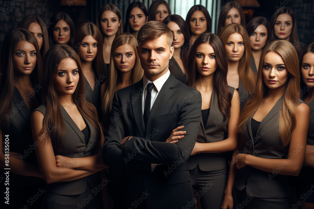 Fototapeta premium Group of business people. Confident Businessman Standing in Front of a Group of beautiful women. A man works in a women's team. Leadership concept. Concept of success. Generative AI