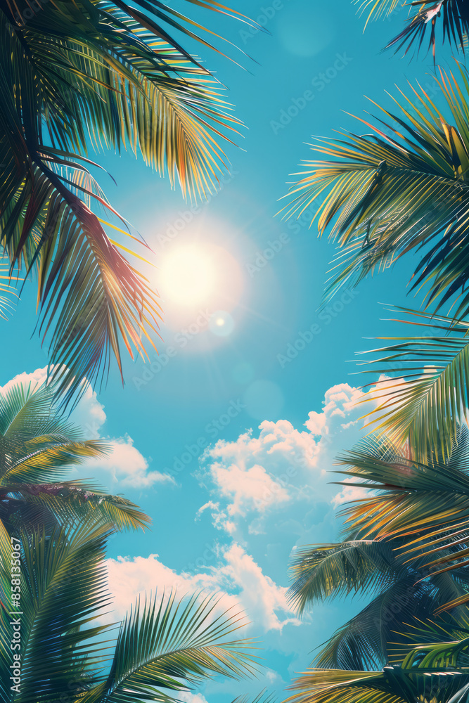 Palm leaves illustrated in flat design with a serene sky in pastel blue, Palm leaves illustrated in flat design with a serene sky in pastel blue,