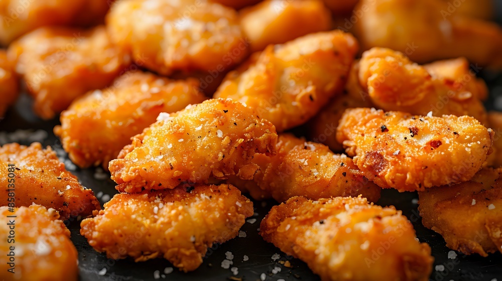A platter of golden-brown chicken nuggets, served with a sprinkling of sea salt and cracked black pepper A platter of golden-brown chicken nuggets, served with a sprinkling of sea salt and cracked black pepper