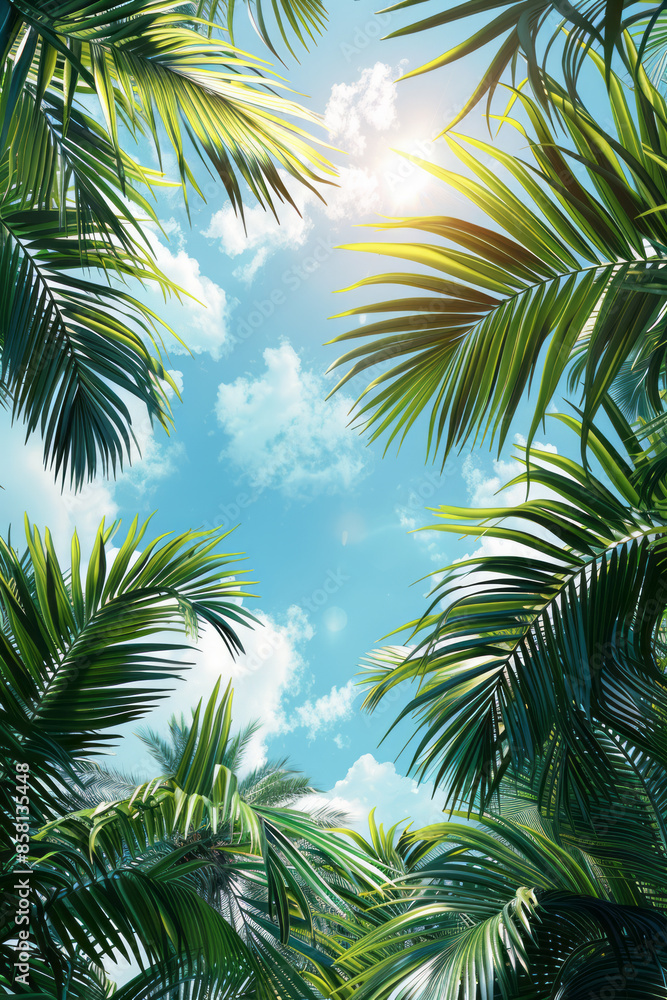 Flat vector design of palm leaves with a clear and peaceful blue sky, Flat vector design of palm leaves with a clear and peaceful blue sky,