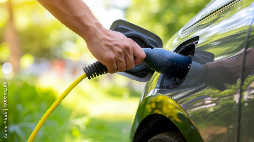 Hand of Man Inserting Power Cord into Electric Car for Charging Eco-Friendly Vehicle on Green Landscape. Sustainable Energy and Environmentally Friendly Transportation Concepts Hand of Man Inserting Power Cord into Electric Car for Charging Eco-Friendly Vehicle on Green Landscape. Sustainable Energy and Environmentally Friendly Transportation Concepts