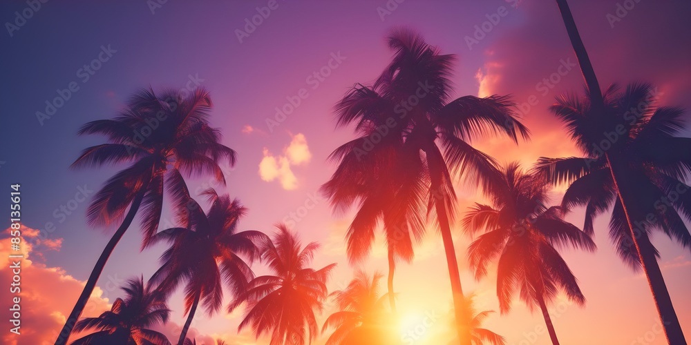 Obraz premium Nostalgic 1980s Synthwave Aesthetic Palm Trees and Palmettos. Concept Nostalgic 1980s, Synthwave Aesthetic, Palm Trees, Palmettos