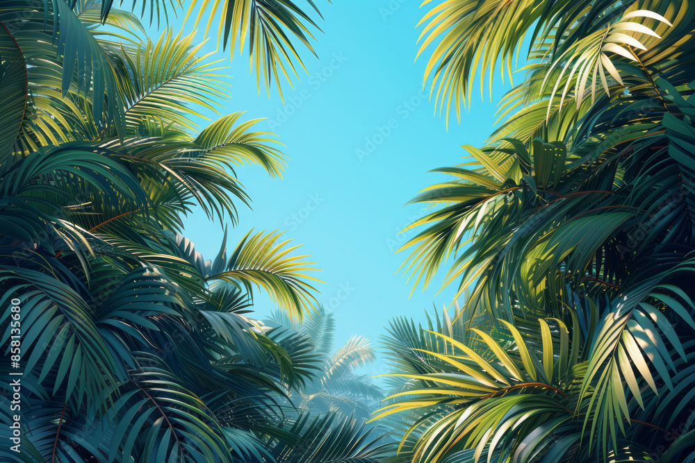 Flat illustration of lush palm leaves with a blue sky background, Flat illustration of lush palm leaves with a blue sky background,