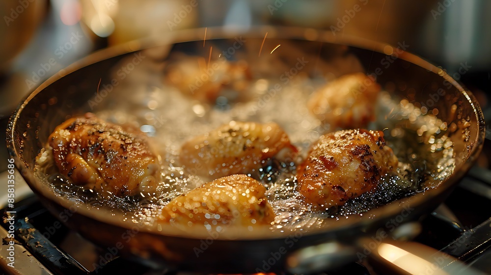 A succulent golden-brown chicken drumstick sizzling in a skillet, surrounded by bubbling hot oil A succulent golden-brown chicken drumstick sizzling in a skillet, surrounded by bubbling hot oil