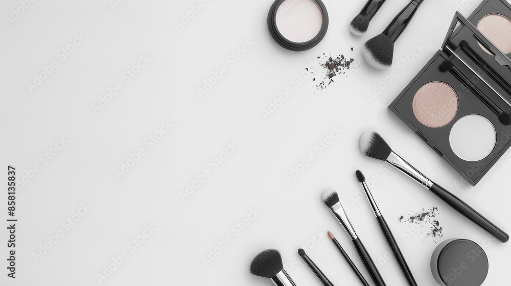 Makeup tools on white table flat lay Makeup tools on white table flat lay