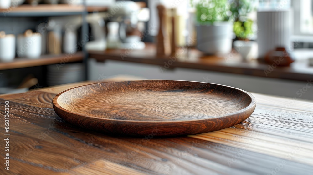 Minimalist food and product display concept with empty wood plate and modern kitchen accessories on wooden table Minimalist food and product display concept with empty wood plate and modern kitchen accessories on wooden table