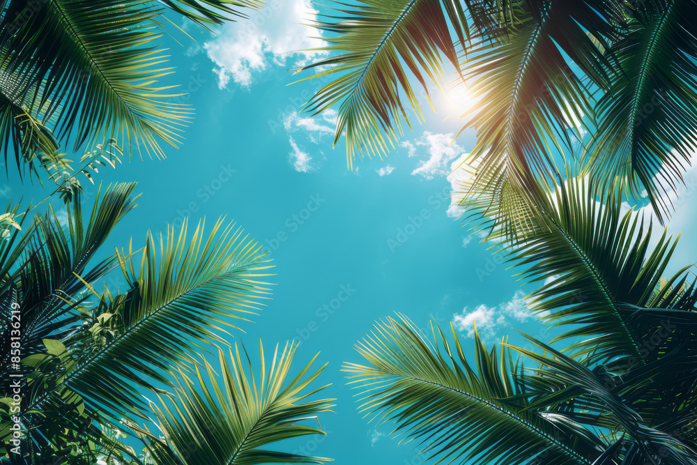 Fototapeta premium Flat vector design of palm leaves with a bright and peaceful blue sky,