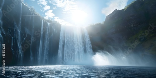 Creation Story in Genesis 11 God's Creation of the Heavens, Earth, Landscape, Waterfall, and Sun. Concept Creation Story, Genesis 1, God's Work, Heavens and Earth, Landscape, Waterfall, Sun photo
