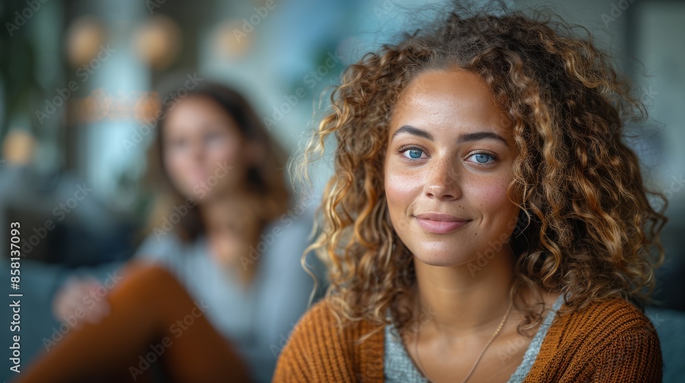Portrait of a smiling woman with curly hair wearing a brown sweater in a cozy indoor setting, while another person is blurred in the background, enhancing depth. Portrait of a smiling woman with curly hair wearing a brown sweater in a cozy indoor setting, while another person is blurred in the background, enhancing depth.