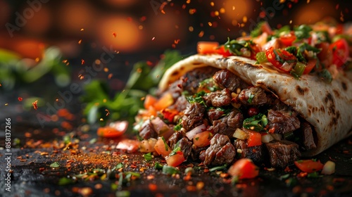 Close Up of A Beef Burrito With Tomatoes and Cilantro
