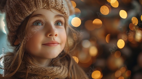 Wallpaper Mural A young girl wearing a knit hat and scarf smiles warmly amidst a backdrop of festive holiday lights, creating a cozy and cheerful atmosphere. Torontodigital.ca