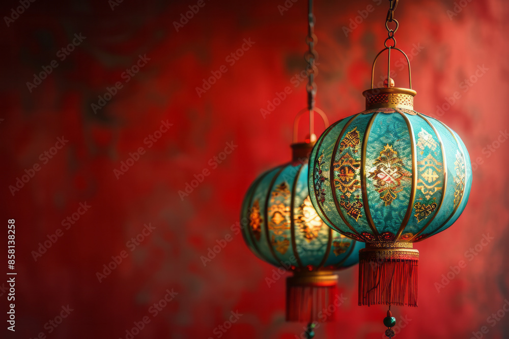 Chinese gold and jade embossed lanterns set against a clean red background, Chinese gold and jade embossed lanterns set against a clean red background,