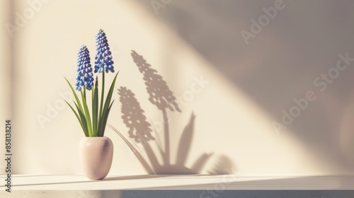 Minimalist spring still life with blue muscari flowers sprouting from paper cutout on neutral backdrop photo