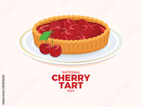 National Cherry Tart Day poster vector illustration. Sweet cherry pie on a plate drawing. Fruit cake with cherries vector. Template for background, banner, card. Important day