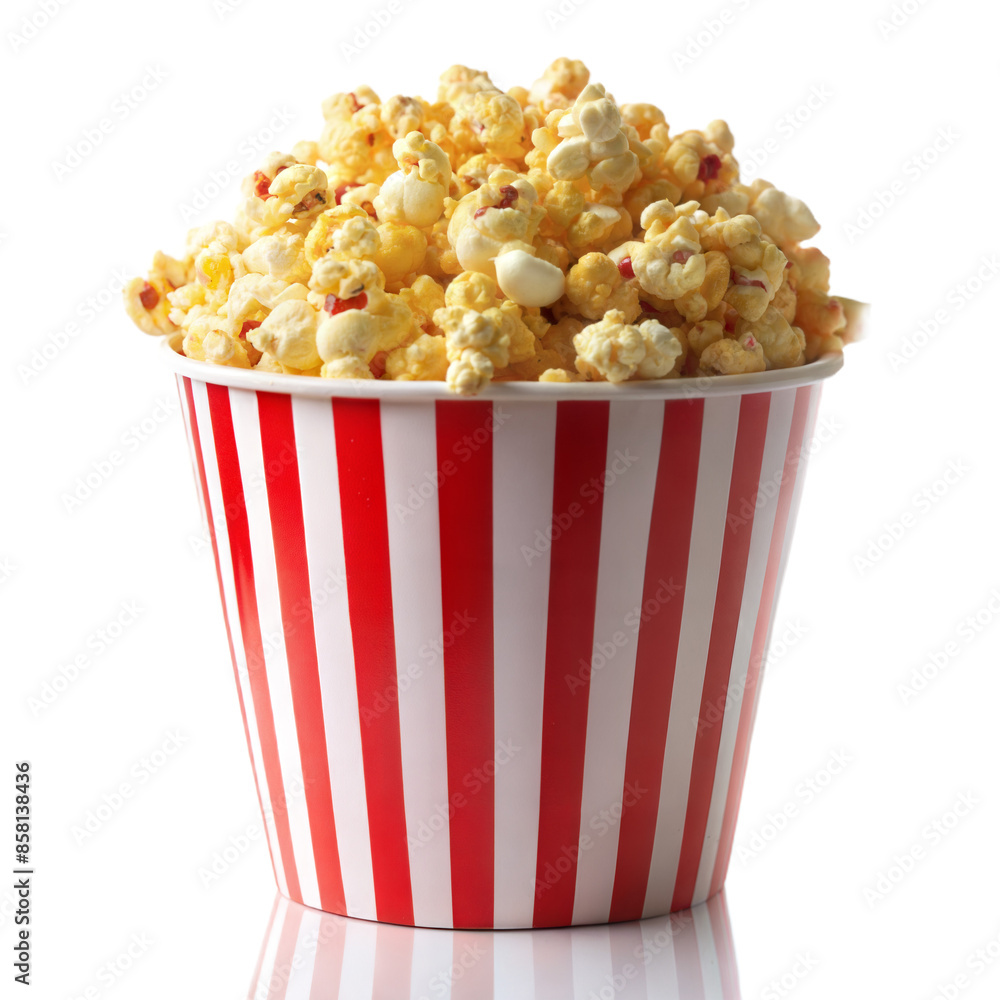 paper bucket with popcorn on flat background with copy space on white background paper bucket with popcorn on flat background with copy space on white background