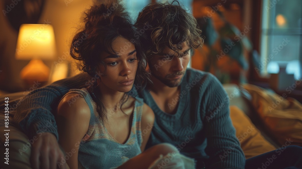 Couple sitting together in a room, sharing an emotionally intense moment, highlighting themes of support, empathy, and connection in a cozy and intimate setting.