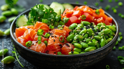 Fusion Poke Bowl: Bowls filled with sushi rice, marinated tuna or salmon, edamame, avocado, and a variety of fresh vegetables.