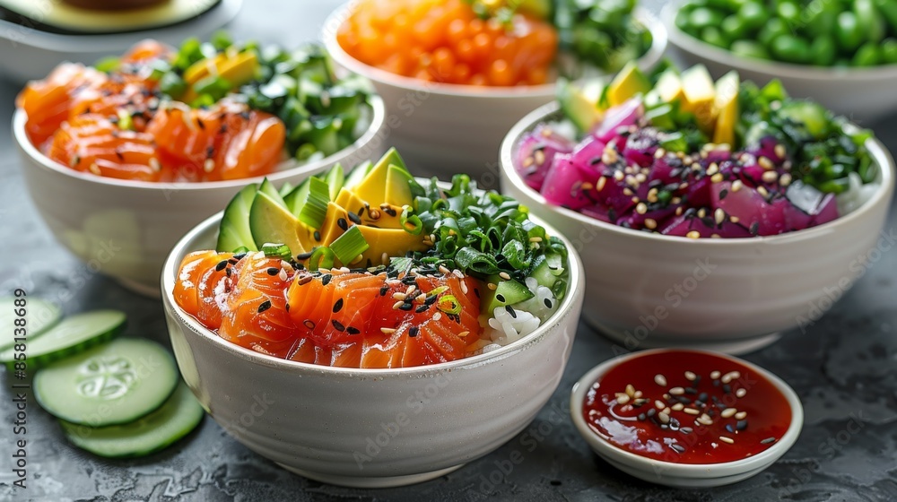 Fusion Poke Bowl: Bowls filled with sushi rice, marinated tuna or salmon, edamame, avocado, and a variety of fresh vegetables. Fusion Poke Bowl: Bowls filled with sushi rice, marinated tuna or salmon, edamame, avocado, and a variety of fresh vegetables.