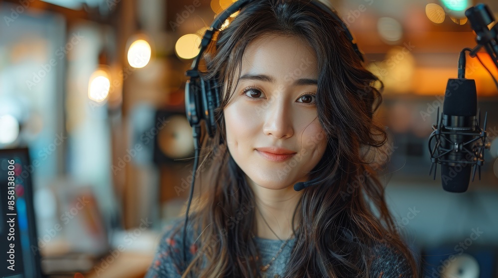 A woman wearing a headset smiles while working in a well-equipped, modern recording studio, surrounded by audio equipment. The lighting creates a cozy, warm atmosphere. A woman wearing a headset smiles while working in a well-equipped, modern recording studio, surrounded by audio equipment. The lighting creates a cozy, warm atmosphere.
