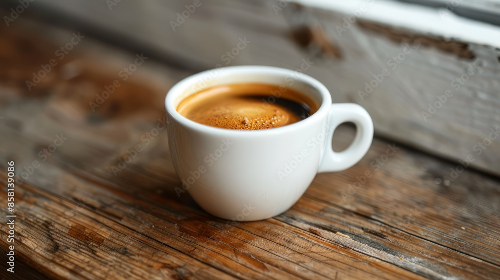 A white cup of coffee on a rustic wooden table. A white cup of coffee on a rustic wooden table.