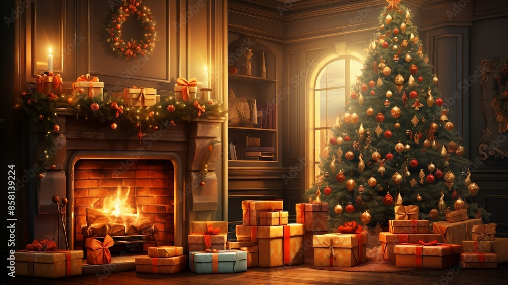 A delightful illustration of a festive holiday scene, complete with a decorated Christmas tree, wrapped presents, and a cozy fireplace in a warmly lit room. Illustration, Minimalism, A delightful illustration of a festive holiday scene, complete with a decorated Christmas tree, wrapped presents, and a cozy fireplace in a warmly lit room. Illustration, Minimalism,