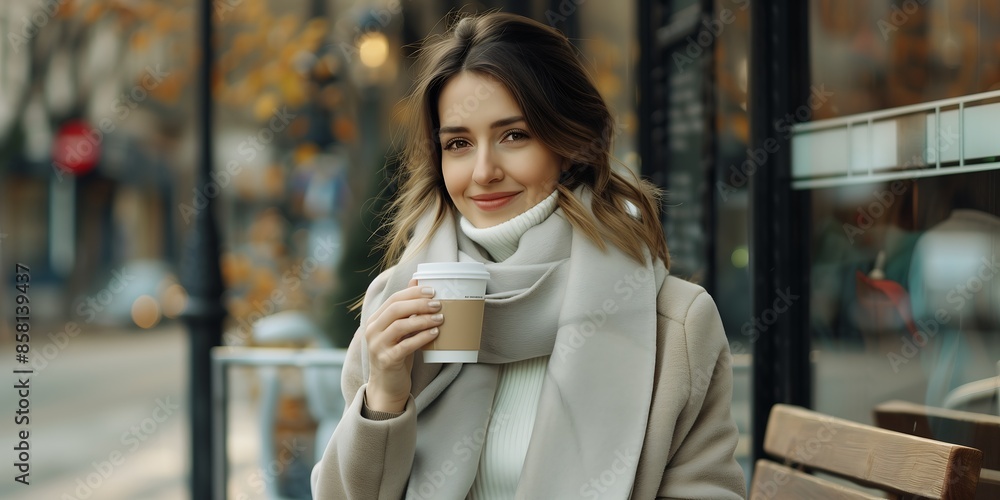 A photo of an attractive woman sitting on a bench in front, wearing a light grey wool coat and beige scarf with a white turtleneck sweater underneath A photo of an attractive woman sitting on a bench in front, wearing a light grey wool coat and beige scarf with a white turtleneck sweater underneath