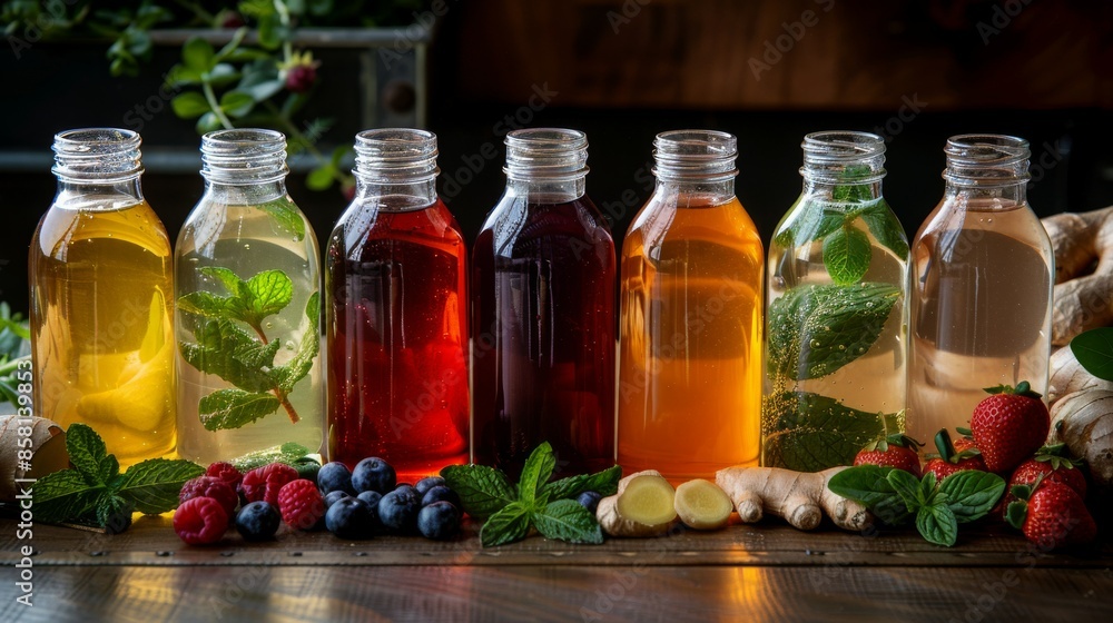 Kombucha: Bottles with assorted flavors of Kombucha, filled with herbs and fruits. Kombucha: Bottles with assorted flavors of Kombucha, filled with herbs and fruits.