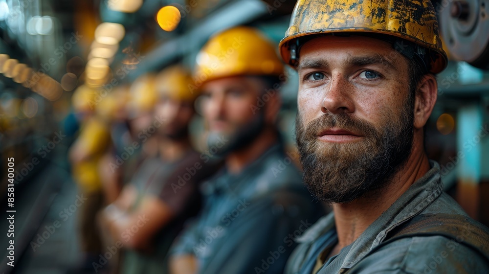 A bearded worker wearing a yellow helmet stands in the foreground of an industrial setting, embodying resilience, focus, and the spirit of industrial labor. A bearded worker wearing a yellow helmet stands in the foreground of an industrial setting, embodying resilience, focus, and the spirit of industrial labor.