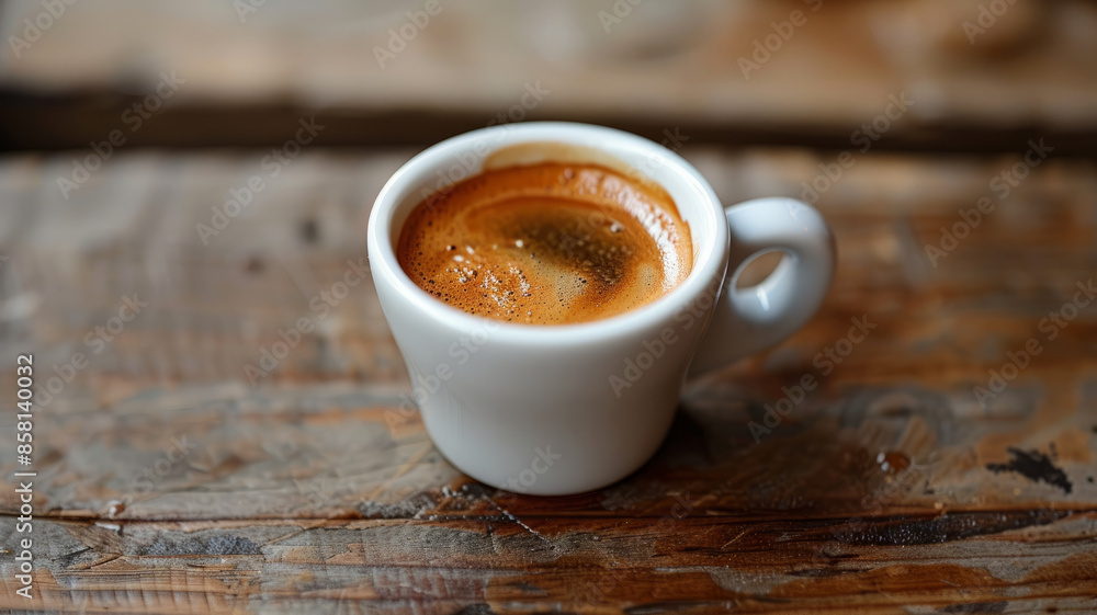 A cup of espresso on a rustic wooden table. A cup of espresso on a rustic wooden table.