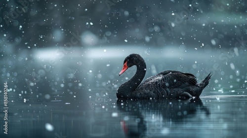 Fototapeta Naklejka Na Ścianę i Meble -  Side View Black Swan Floating on Water Surface with Snow Falling