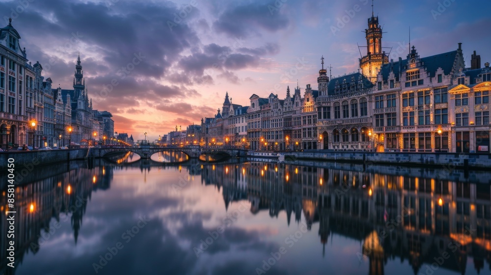 Fototapeta premium A city with a river running through it and a bridge over it