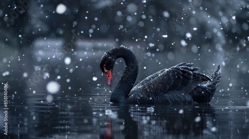Fototapeta Naklejka Na Ścianę i Meble -  Side View Black Swan Floating on Water Surface with Snow Falling