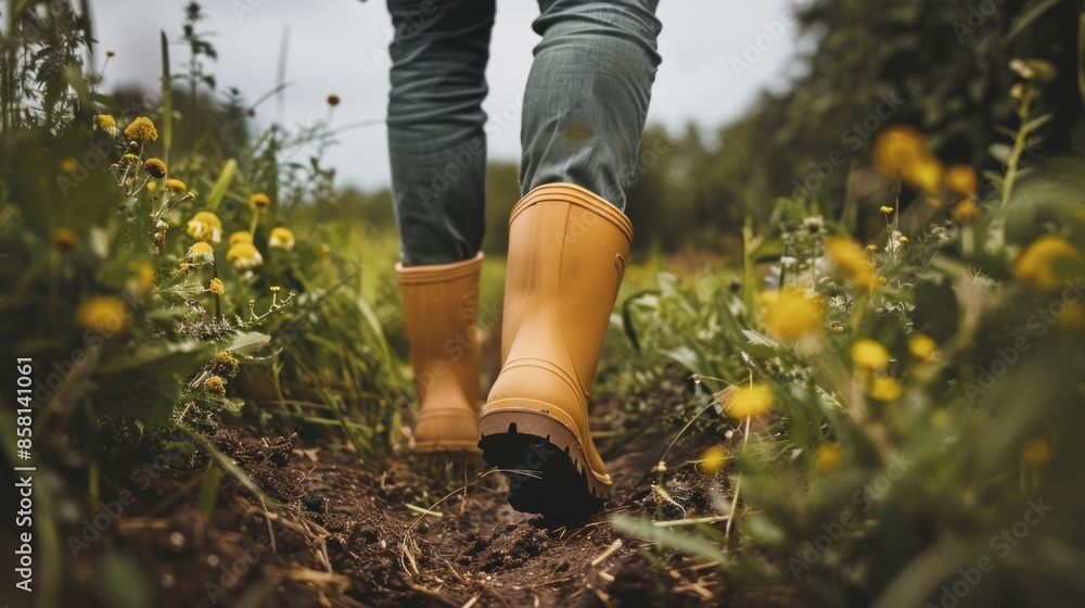 Rubber Boots of Farmer's Feet Walking on Farm Field, Close Up View Rubber Boots of Farmer's Feet Walking on Farm Field, Close Up View