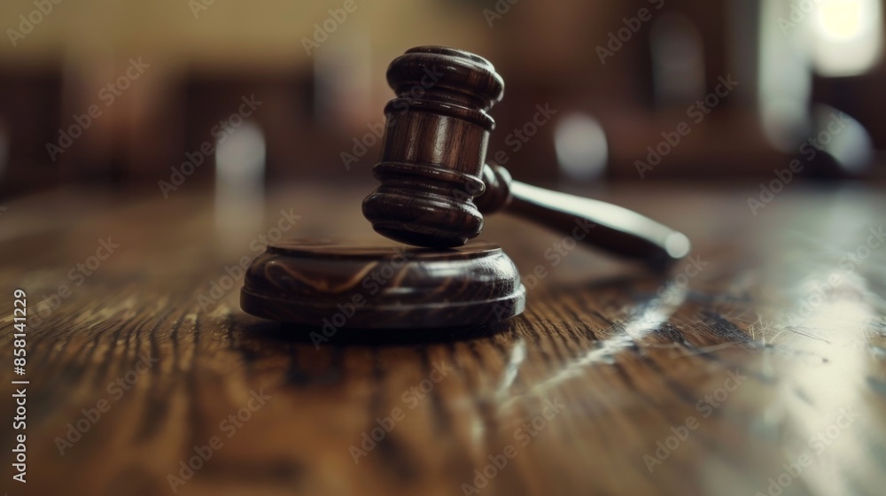 A wooden gavel sits on a wooden table A wooden gavel sits on a wooden table