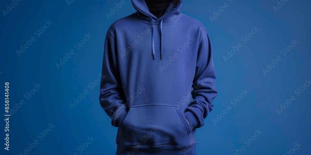 A person is wearing a blue hoodie and standing in front of a blue background A person is wearing a blue hoodie and standing in front of a blue background