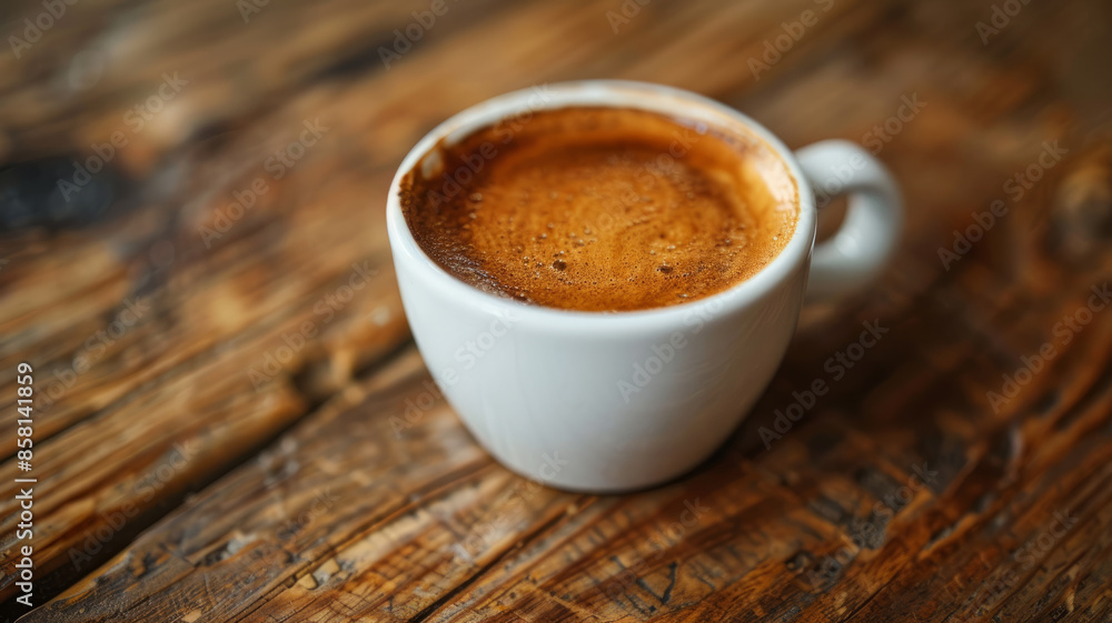 A cup of espresso on a rustic wooden table. A cup of espresso on a rustic wooden table.