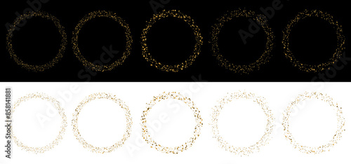 Set of gold glitter sparkle circle frames with copy space for text. Golden dust glam round shape collection.