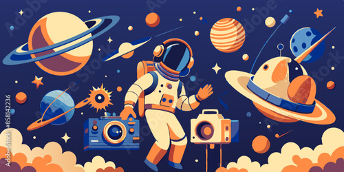 create a space galaxy in clouds with astronaut as dj, spaceship, flying audio tapes, planets, clouds, guitar and trumpet. It is for podcast