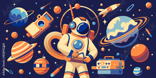 create a space galaxy in clouds with astronaut as dj, spaceship, flying audio tapes, planets, clouds, guitar and trumpet. It is for podcast