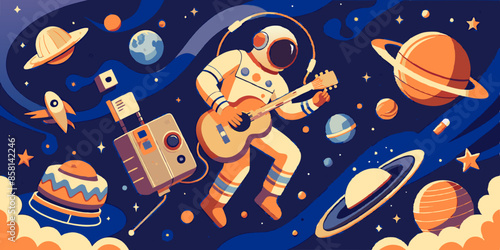 create a space galaxy in clouds with astronaut as dj, spaceship, flying audio tapes, planets, clouds, guitar and trumpet. It is for podcast